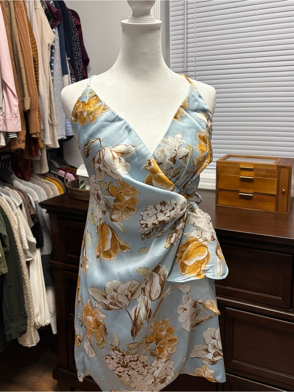 Angel Biba Sky Blue Floral Wrap Mini Dress with Mustard Accents